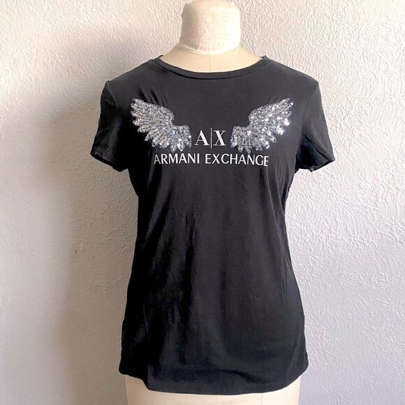 Vintage Armani Exchange Black T-Shirt Y2k Black With Sequins Size Large - Picture 1 of 7